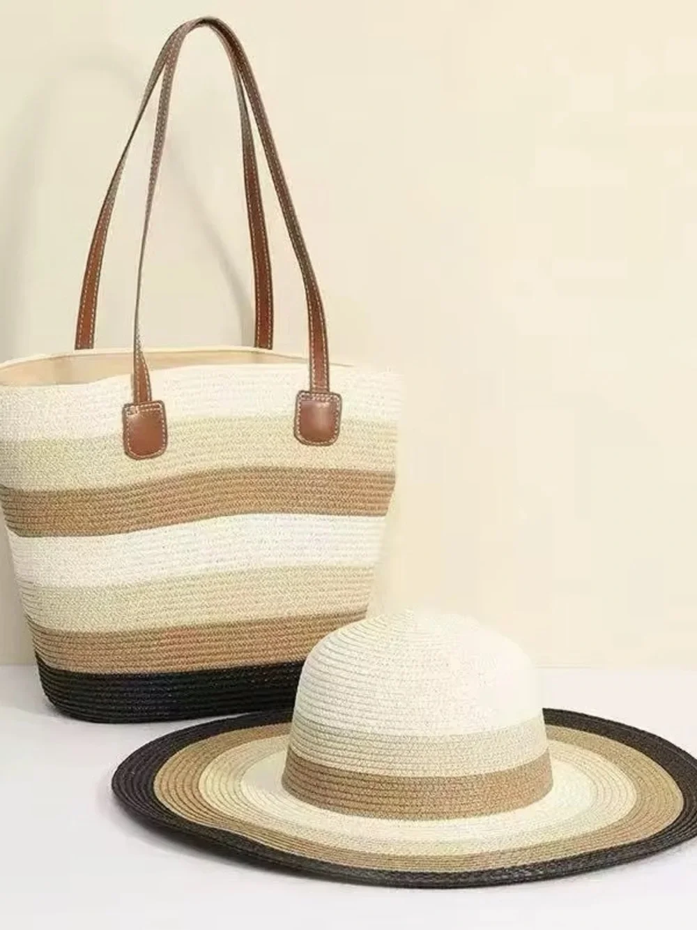 Striped Straw Tote Bag with Blue, Green & Beige Accents